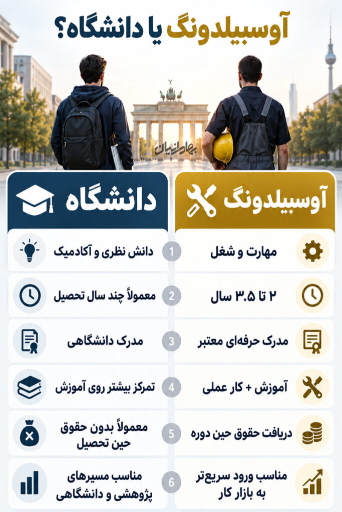 اینفوگرافی تفاوت آوسبیلدونگ آلمان با دانشگاه