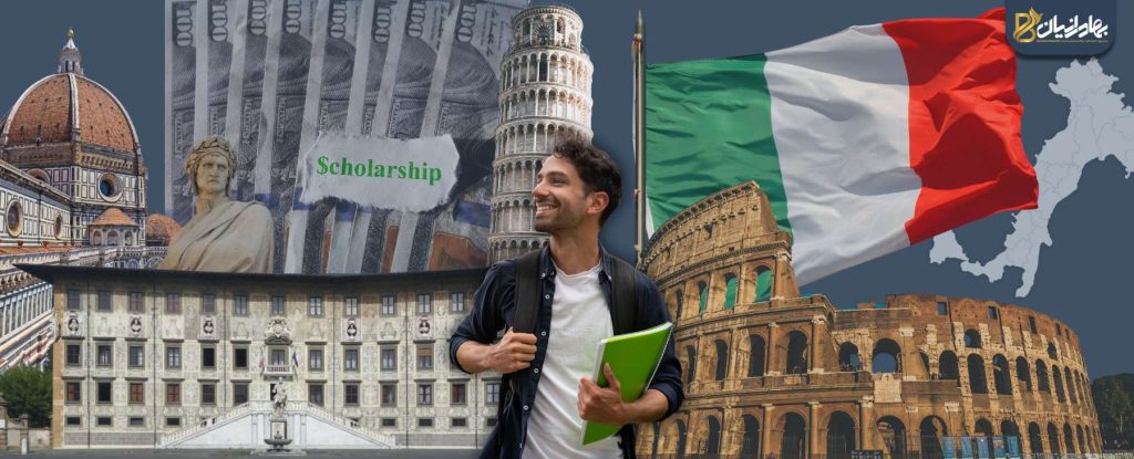 پرچم ایتالیا، برج پیزا و کولوسئوم رم در کنار یک دانشجو؛ ایتالیا بهترین کشور برای مهاجرت تحصیلی و ادامه تحصیل در دانشگاه‌های معتبر اروپا است