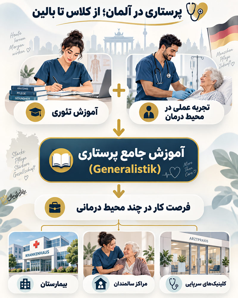اینفوگرافی مسیر آوسبیلدونگ پرستاری در آلمان
